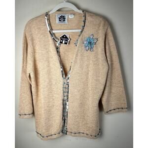 Storybook Knits Cardigan Sweater Womens Embroidered Floral Sequin Artsy Medium
